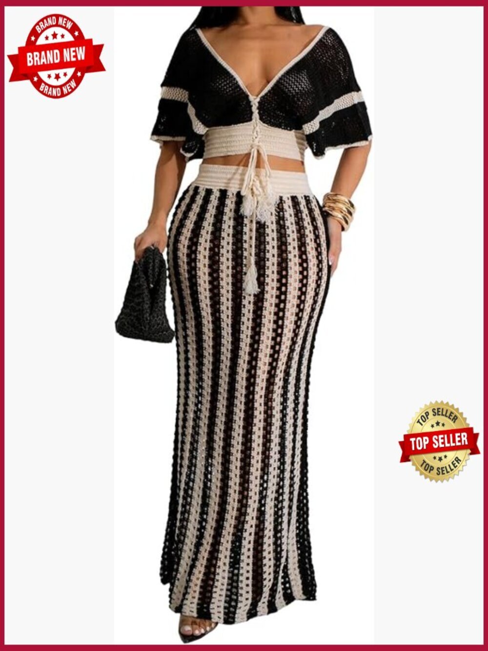 2 Piece Crochet Skirt Set Knit Striped Hollow Out Top Maxi Skirt Summer Outfit